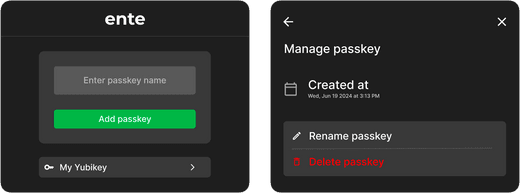 Screenshot of passkeys on Ente