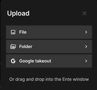 First step of
exporting from Google Photos to Ente