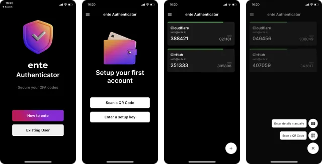 Screenshots of the Authenticator app