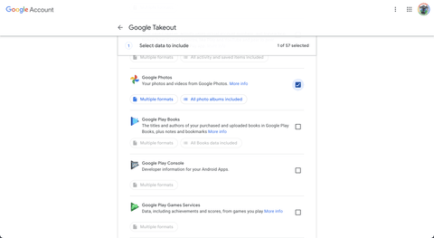 Google Takeout - Select Google Photos